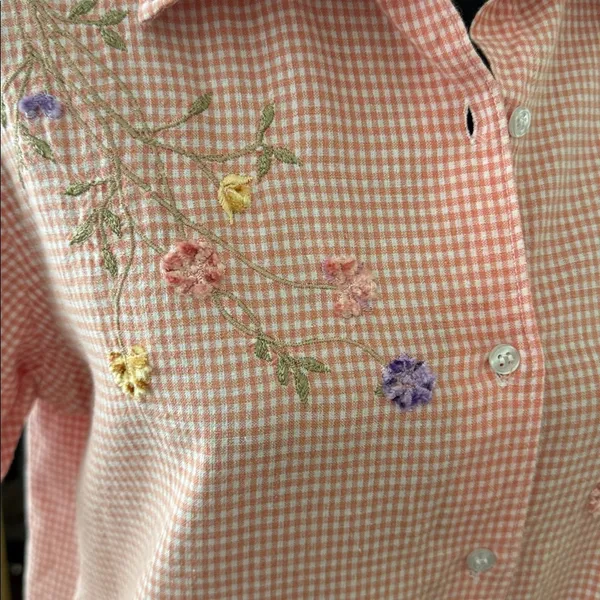 Vintage 90s Casey & Max Orange Gingham Floral Embroidery Preppy Button Up Blouse - Image 3