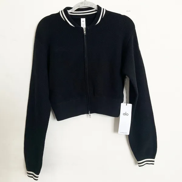 Alo Yoga Tennis Club Sweater Knit Full Zip Jacket Black/Ivory M - Image 2
