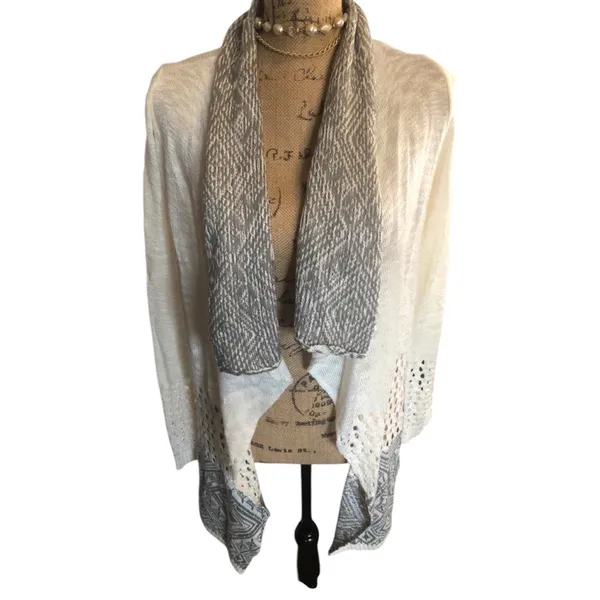 P.O.O.F! Women's Cardigan Sweater, Size L White Gray - Image 2
