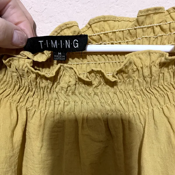 Timing Mustard Yellow Peasant Blouse Smocked Off‎ shoulder flowy romantic cottagecore M - Image 2