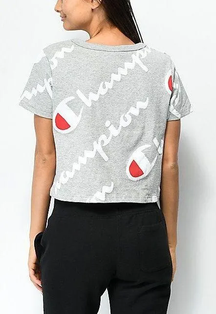 Champion All Over Script Heather Grey Cropped T-Shirt Size Medium - Image 5