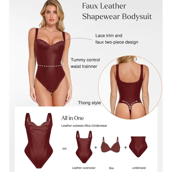 NWT Popilush Faux Leather Corset Bodysuit Deep Red Lace Tummy Control Shaper Med - Image 3