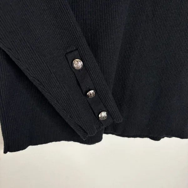 Lauren Ralph Lauren Black Ribbed Knit Long Sleeve Top M Silver Crest Button Cuff - Image 4