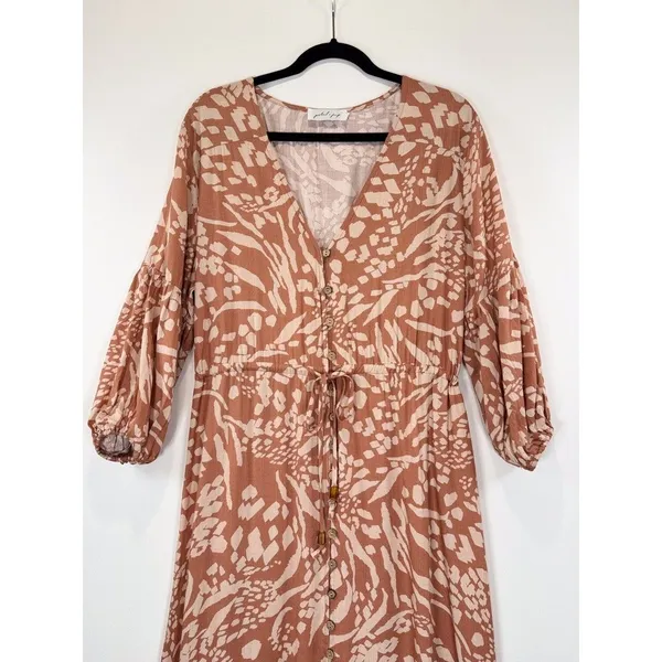 Petal & Pup Dress Brown Katerina Maxi V Neck Button Down Floral Boho Medium - Image 7