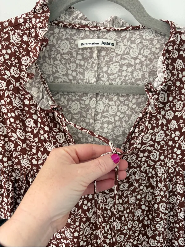 Reformation Amira Long Sleeve Floral Boho Blouse Chocolatier Brown White XS - Image 3