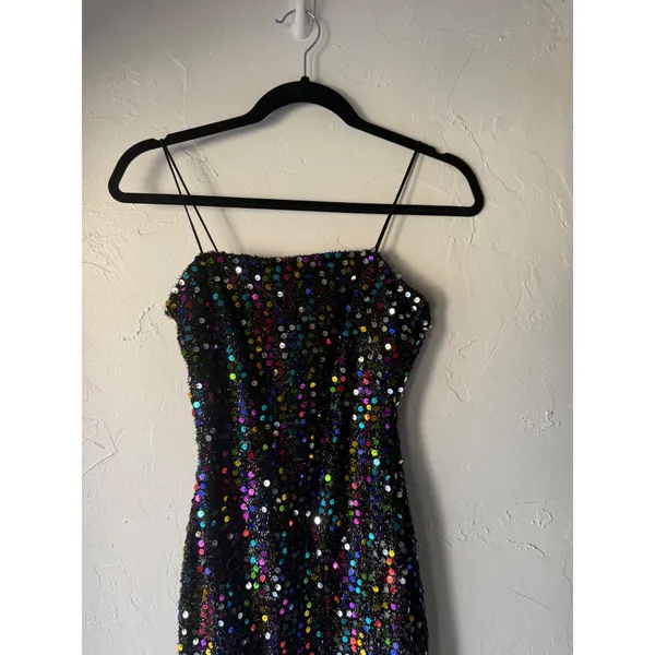Bear Dance NWT Sparkly Sequin Mini Dress Spaghetti‎ Straps Blk Rainbow Party Clubwear Disco - Image 3