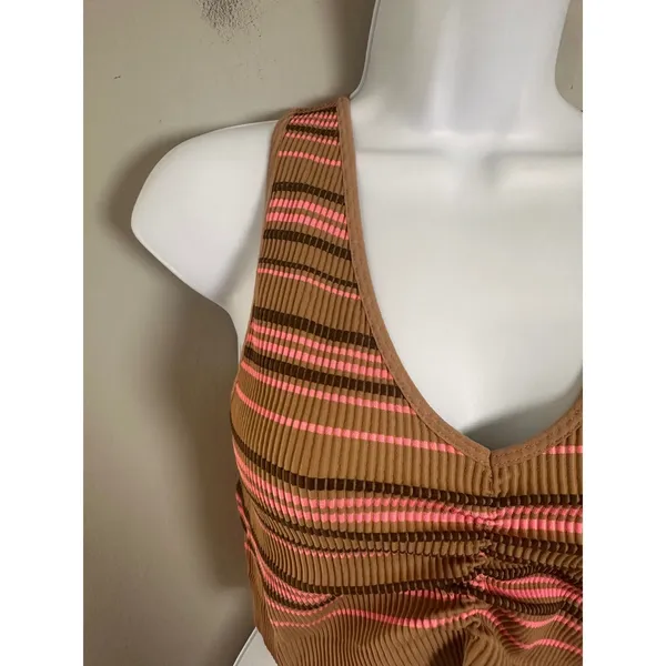 Aerie Brown Pink Striped Ribbed Ruched‎ Front Crop Tank Top XL Retro Y2K Indie - Image 4