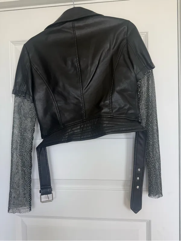 Azalea Wang Cropped Moto Leather & Rhinestone Jacket - Image 2