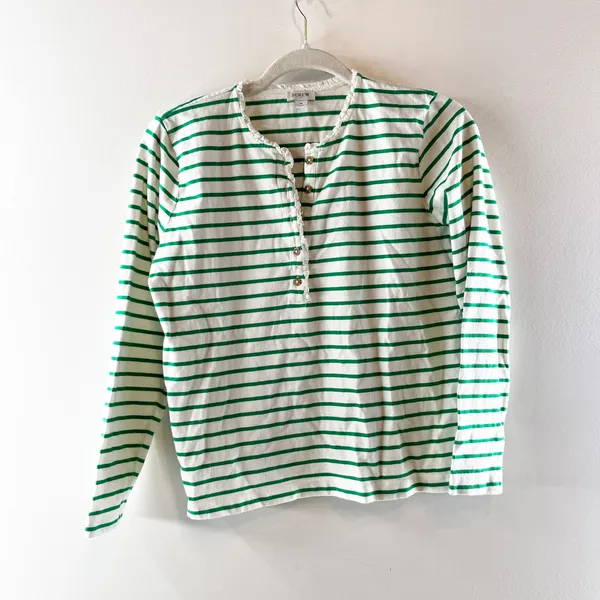 J. Crew Long Sleeve Striped Ruffleneck Henley Shirt Top Green White Small - Image 2