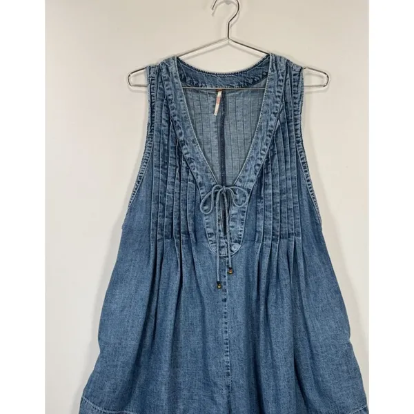 Free People Womens Romper Blue Webster Denim V Neck Relaxed Pleated Jean Medium - Image 7