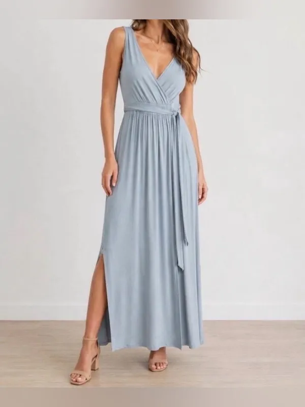 Lulus NWT Women XS Pale Dusty Blue Jersey Knit Surplice Slit Maxi Dress - Image 2