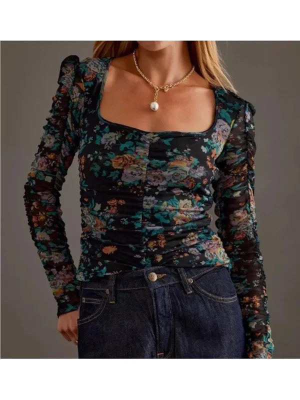 Anthropologie XS Top New NWT Long Sleeve Floral Ruched Mesh black Gorgeous RARE - Image 5