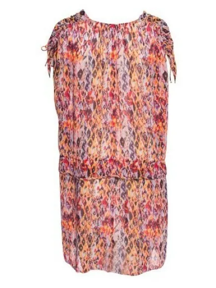 IRO Orange Plum Ohno Abstract Tribal Print Mini Flowy Tie Waist Sleeveless Dress - Image 4