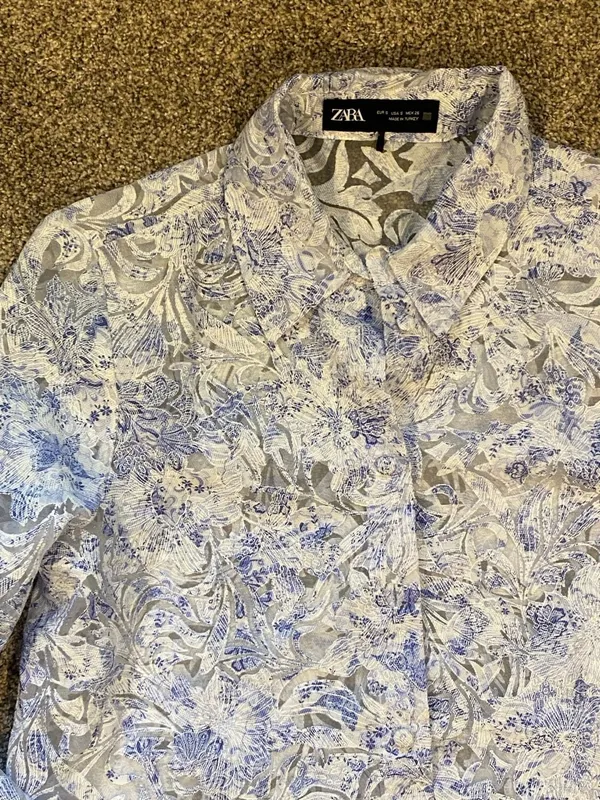 ZARA Blue White Floral Devoré Sheer Long Sleeve Button Up Shirt Size S - Image 8