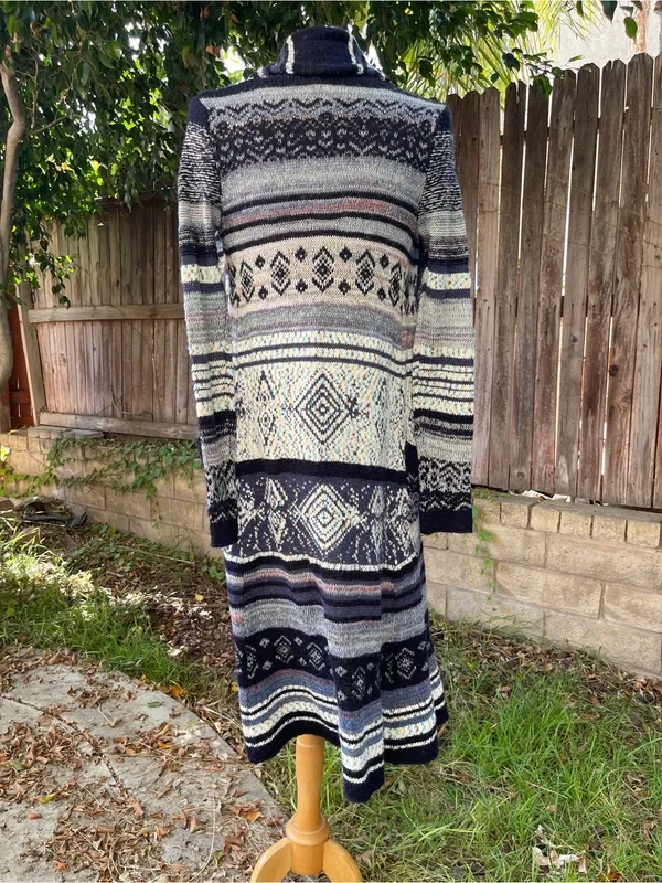 Free People Open-Front Knit Duster Cardigan Sweater Blue Multi boho bohemian XS - Image 5