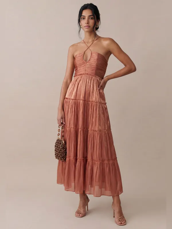 Few Moda NWT o.p.t East Dress size XL Rust Cowboy Copper midi pleated - Image 4