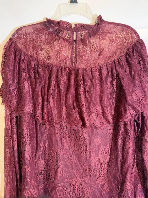 Anthropologie Endless Rose Ruffled Lace Blouse Romantic Feminine Burgundy Top L - Image 4