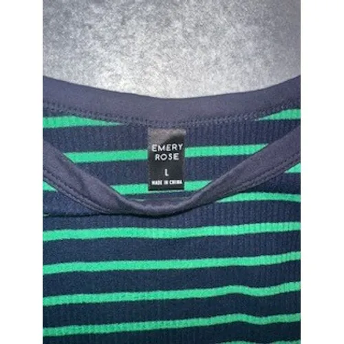 Emery Rose Womens Large Green Navy Striped Ribbed Ruched Sleeveless Tank Top - Image 2