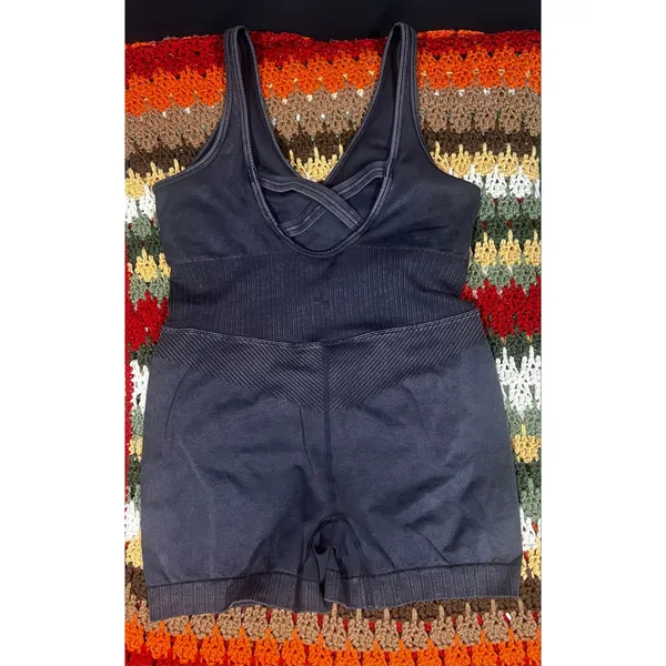 JoyLab Black Seamless Short Active Bodysuit V-Neck Ribbed Workout Romper L - Image 4