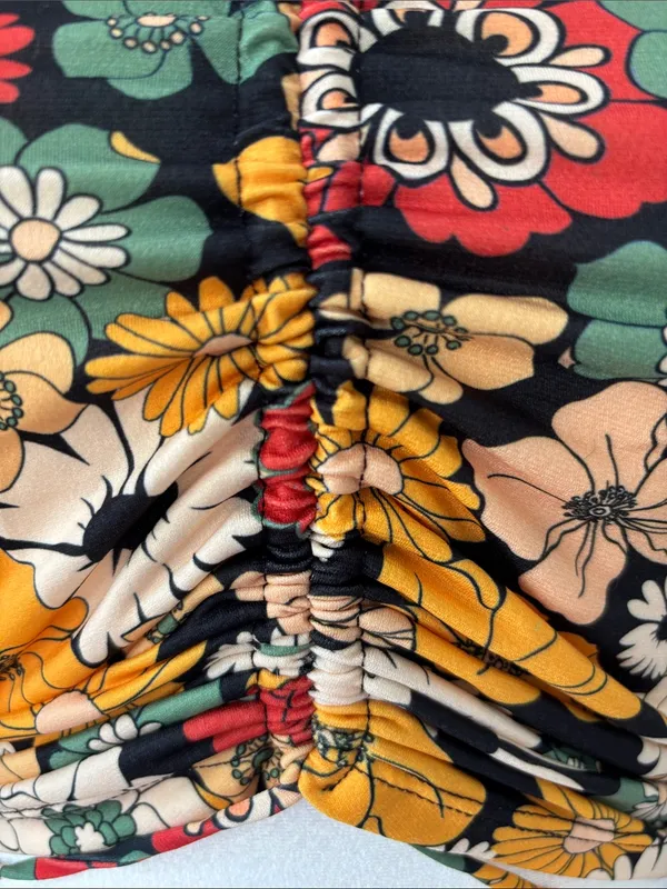 Bershka Floral Ruched Mock-Neck Long Sleeve Crop Top Tie Front Sz Med Retro - Image 4