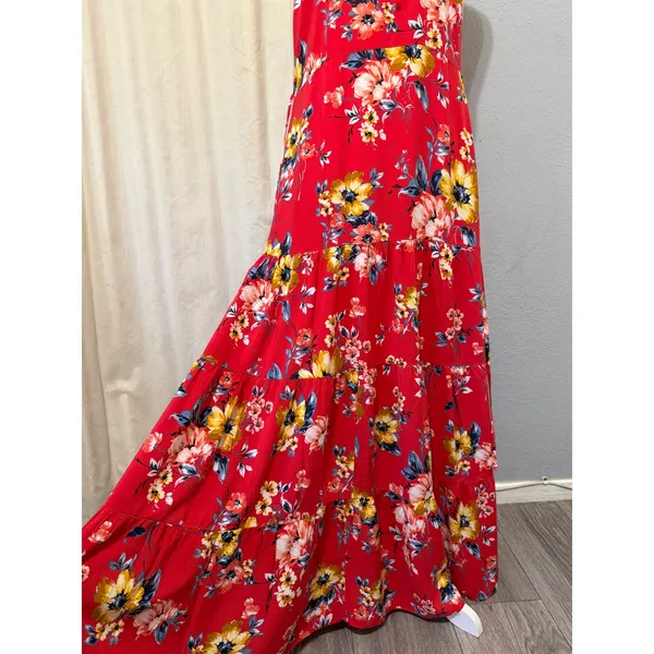 Band of Gypsies Red Floral Tiered Maxi Dress Small Halter Keyhole Boho Sundress - Image 4