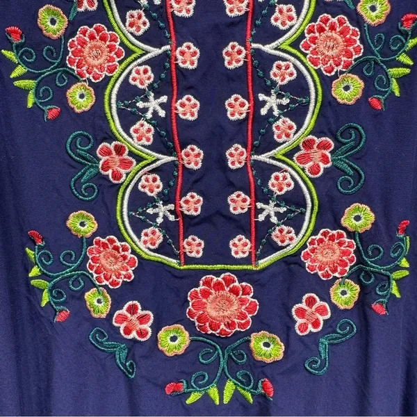 Ashir Aley Blue Embroidered Floral Boho Flowy Short Sleeve Top Size Large - Image 5