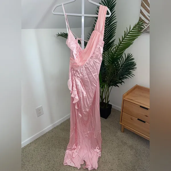 NWT For Love & Lemons Draped Plunge Neck Asymmetric James Maxi Dress Pink‎ Small - Image 5