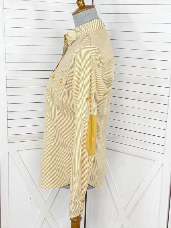 Zara TRF Striped Elbow Patch Western Style Button Up Shirt Yellow Medium - Image 2