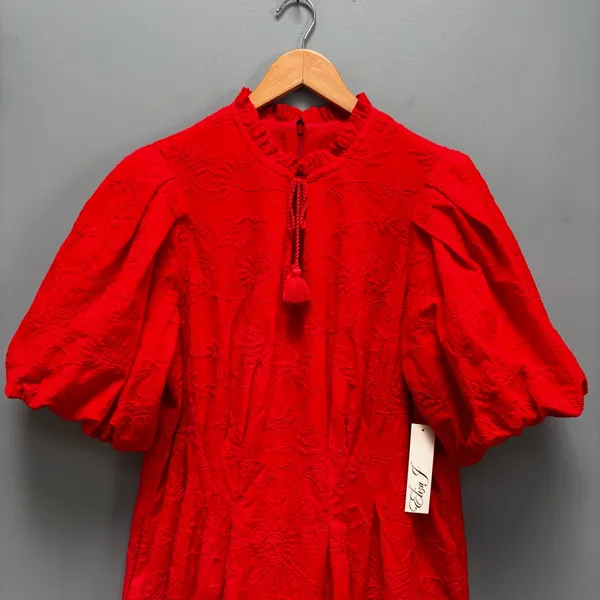 Eliza J Floral Embroidered Puff Sleeve Cotton Fit & Flare Dress in Red 14 - Image 6