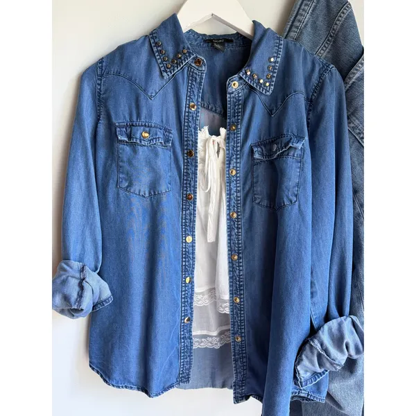Western Snap Tencel Lyocell Front Chambray Shirt Studded Collar Small - Image 9