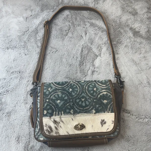 Myra Bag Canvas Cowhide Rug Tapestry Crossbody‎ Bag Teal Brown S-1250 - Image 2