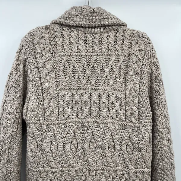 inis crafts merino 100% wool Sweater L Tan Long Full Zip Cable Knit Ireland Boho - Image 9
