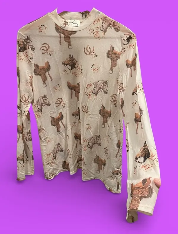 Cute Avery mesh mock long sleeve cowgirl western equestrian top stretchy sheer - Image 2