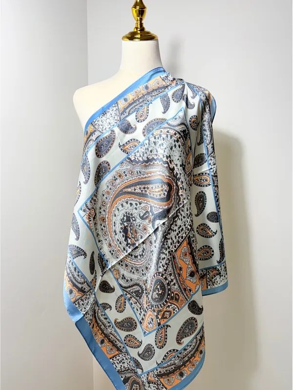 Elegant Blue and Beige Paisley Scarf - Lightweight Fashion Accessory - Image 2