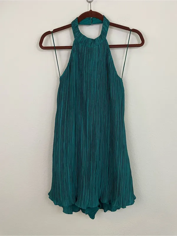 Anthropologie Teal Halter Plissé Playsuit Romper‎ Size 6 - Image 2