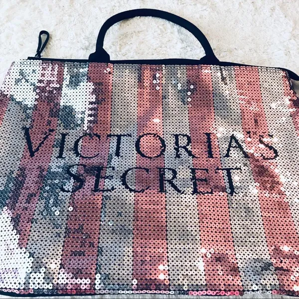 Victoria's Secret Limited Edition Pink & Silver Sequins Stripe Tote Bag Purse - Image 3