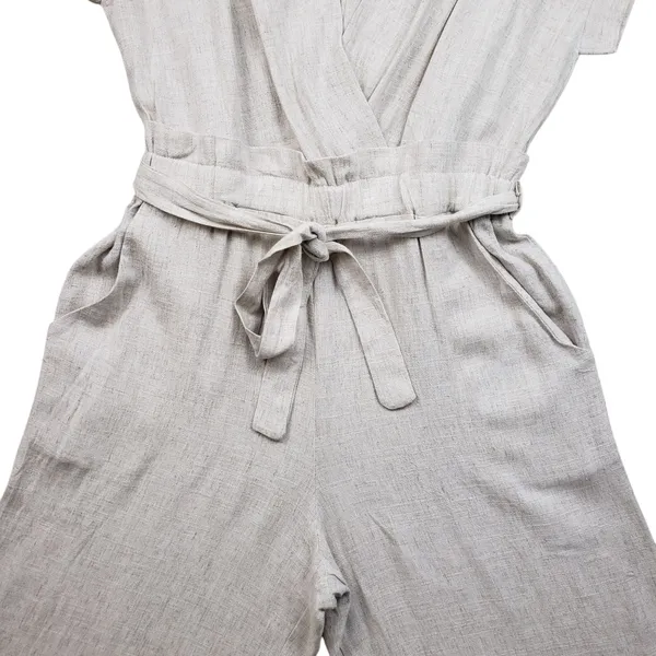 Monteau Jumpsuit Womens Large Beige Linen Wide Leg V-Neck Cropped Boho Overall - Image 4