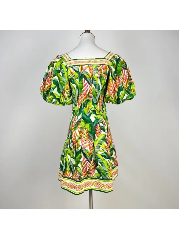 NWOT FARM Rio Square Neck Puff Sleeve Floral Tropical Print Mini Dress Size S - Image 5