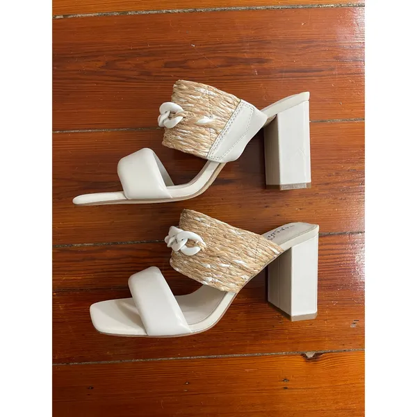 Naked Feet Propriety Raffia Chain Block Heel Sandals Womens 7.5 Ivory - Image 6
