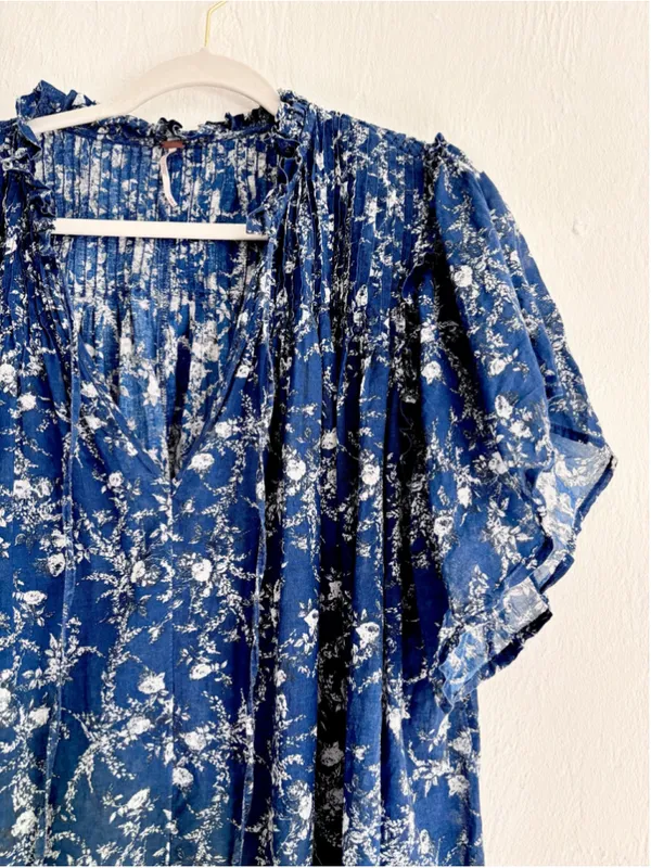 Women's Free People Blue Floral Mini Dress with Lace Trim, Size L - Image 9