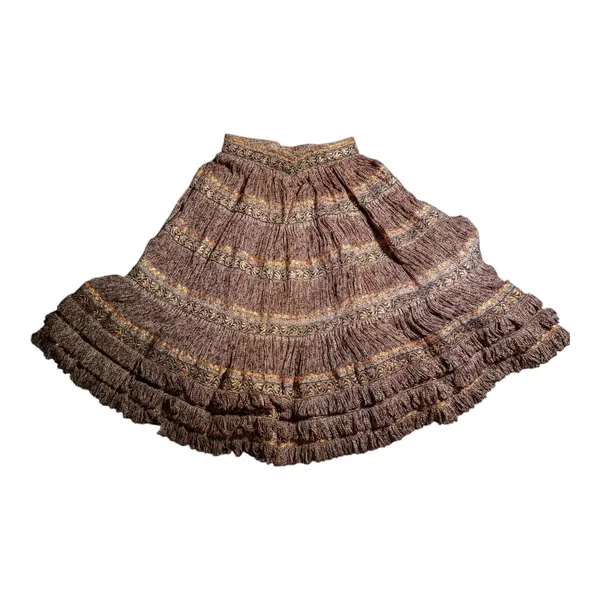 Vtg 1950s Brown Gold Tiered Fringe Mexican Patio Hook Closure Circle Skirt Sz XS - Image 2