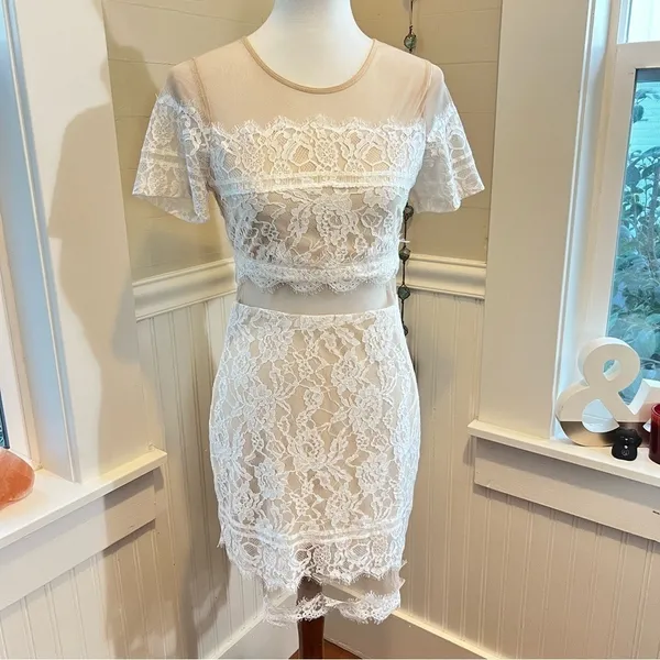 White Lace Mini Dress Mesh Illusion Sheer Small - Image 8