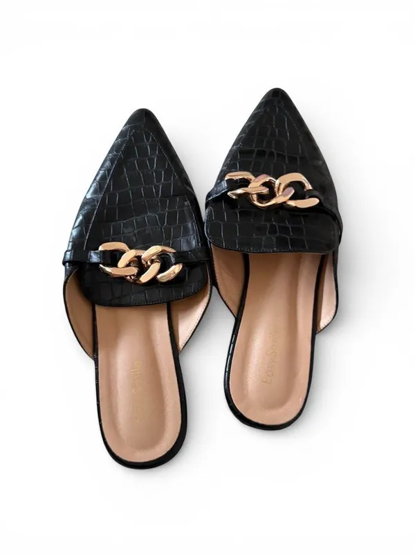EASY SMILE BLACK Gold Chain Mules Flats Size 9.5 - Image 3