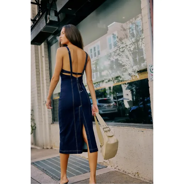 Free People Caitlin Denim Bodycon Midi Dress Small Sweetheart Neckline - Image 2