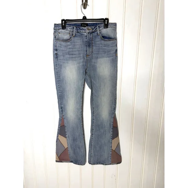 Driftwood Farrah Flare Jeans Faux Suede Patchwork Light Wash Blue Size 31 - Image 7