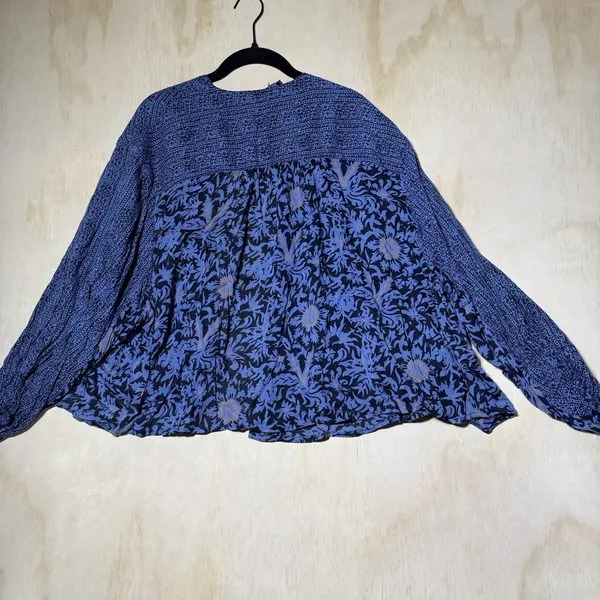 Free People Boho Floral Peasant Crop Top Women's M Blue Balloon Sleeve Blouse - Image 6
