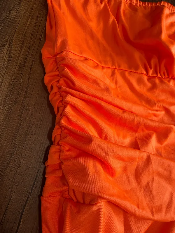 Women’s Orange Strapless Ruched Flare Dress Size XL Layered Skirt - Image 4