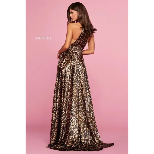 Sherri Hill 53301 Animal Print‎ Satin Halter Gown NWT Size 0 High Slit - Image 2