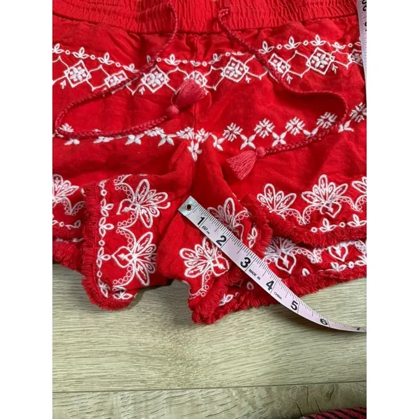 LOFT Red Embroidered shorts LINEN VISCOSE drawstring BOHO pockets Fray Edge sz S - Image 9