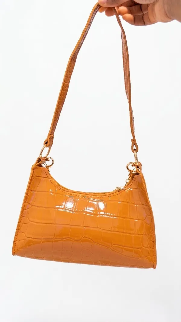 Brown Crocodile Embossed Shoulder Bag with Charm Chain & Teddy Bear Details - Image 3